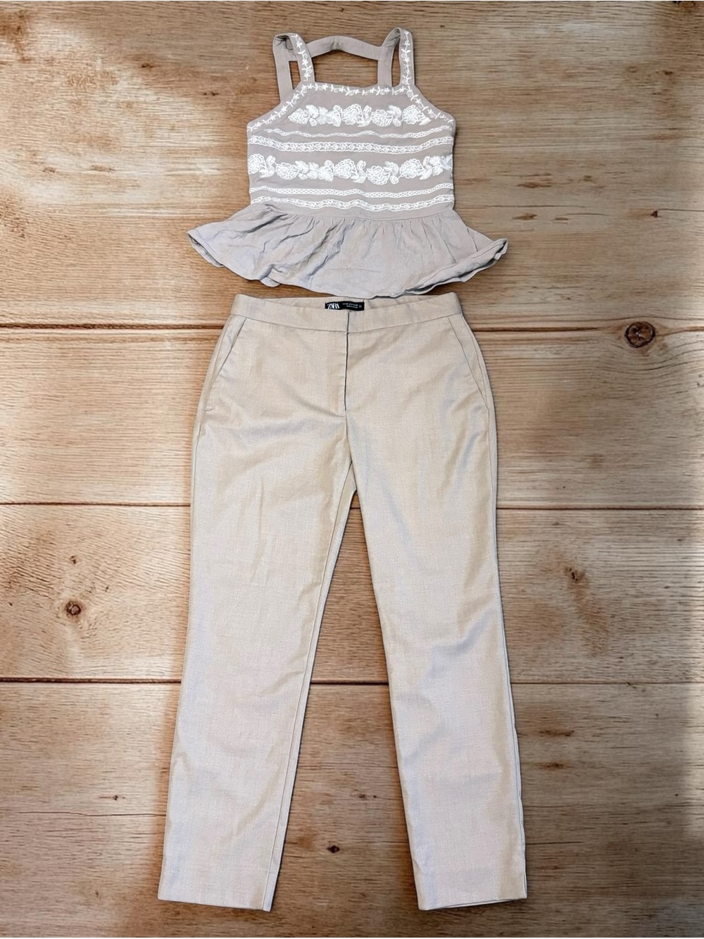 Zara Beige Pants + Embroidered Peplum Crop Top Neutral Outfit Set